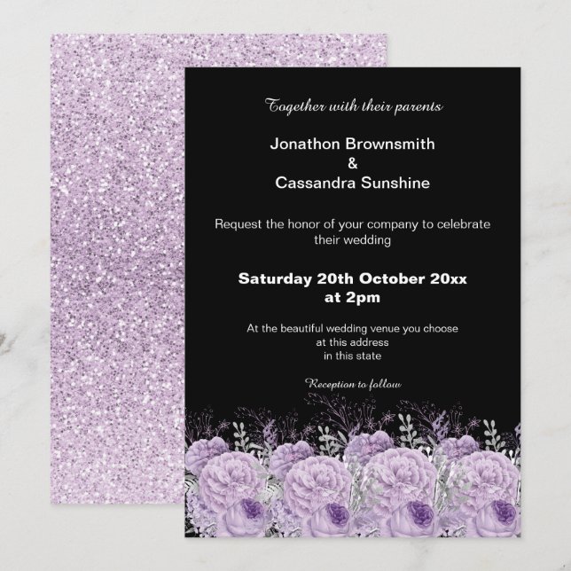 INVITACIÓN ELEGANTE PURPLE BODA PURPURINA DE FLORES NEGROS (Anverso / Reverso)