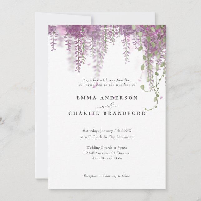 Invitación Elegante Purple Botánico Boda de guiones (Anverso)