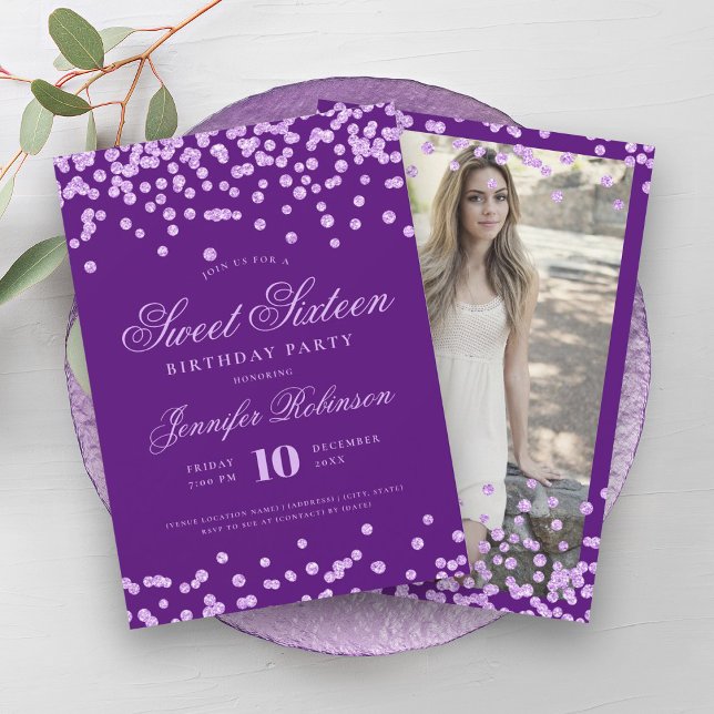 Invitación Elegante Purple Confetti Photo Sweet 16 (Elegant Purple Confetti Photo Sweet 16 Invitation)