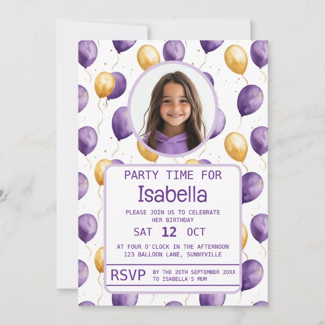 Invitación Elegante Purple Faux Gold Balloons Cumpleaños (Anverso)