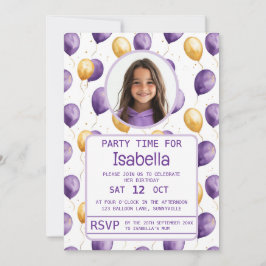 Invitación Elegante Purple Faux Gold Balloons Cumpleaños