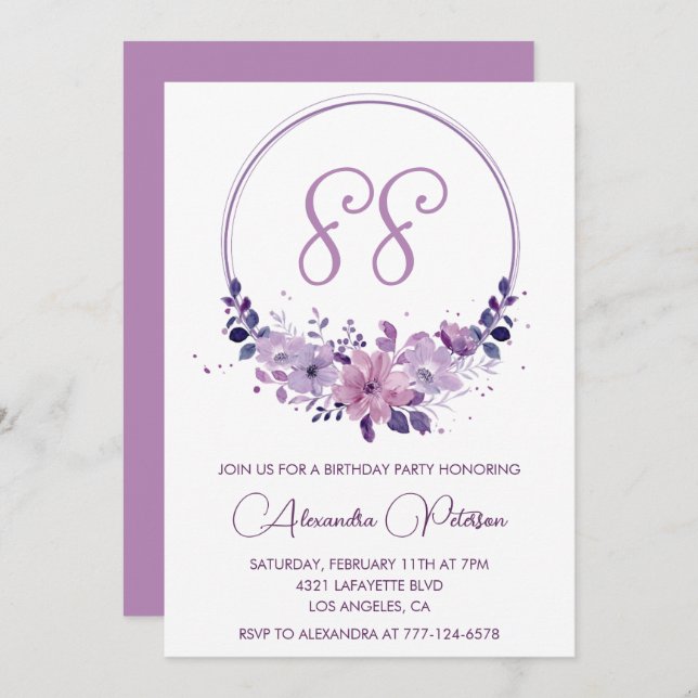 Invitación Elegante Purple Floral 88º cumpleaños (Anverso / Reverso)