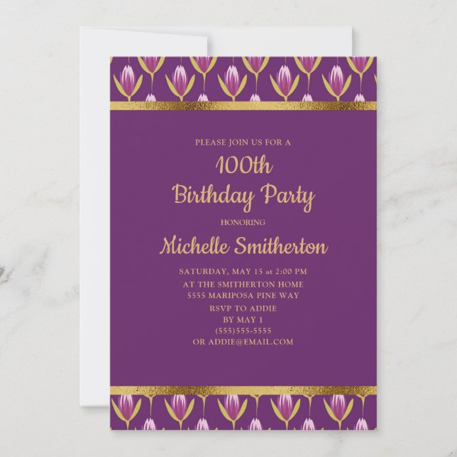 Invitación Elegante Purple Floral Gold Fiesta de Cumpleaños 1 (Anverso)