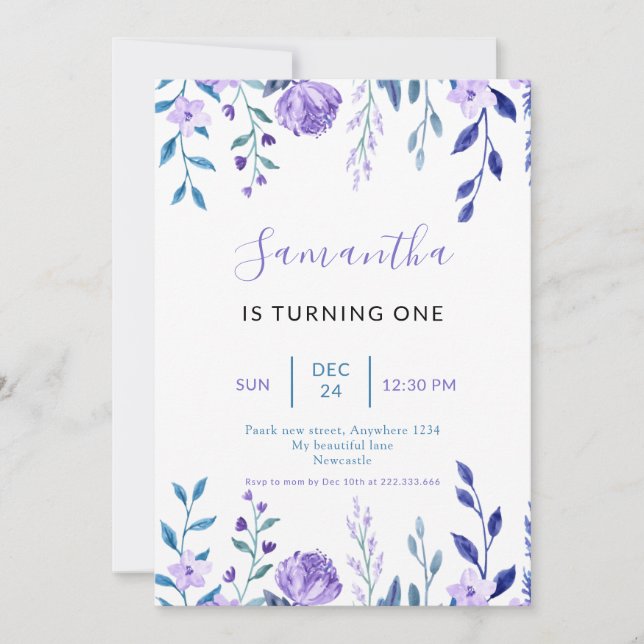 Invitación Elegante Purple Floral Primer cumpleaños (Anverso)