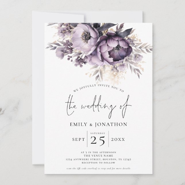Invitación Elegante Purple Florals 3 Fotos Boda de código QR (Anverso)