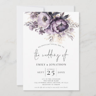 Invitación Elegante Purple Florals 3 Fotos Boda de código QR