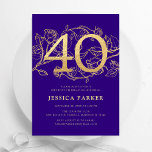 Invitación Elegante Purple Gold 40 cumpleaños<br><div class="desc">Elegante fiesta de cumpleaños 40 de oro morado. Diseño femenino moderno de personalizable con acentos botánicos rosas y oro falso purpurina. Sencilla tarjeta de invitación floral perfecta para una elegante celebración de cumpleaños femenina. Personaliza con tus propios detalles. Invitaciones Zazzle impresas o una plantilla imprimible digital de descarga instantánea.</div>