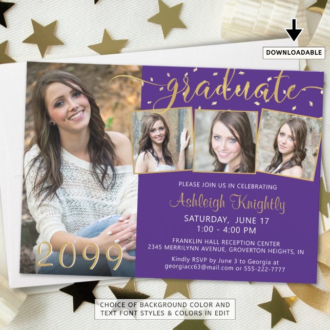 Invitación Elegante Purple Gold 4 Photo Confetti Graduado (Subido por el creador)
