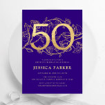Invitación Elegante Purple Gold 50 cumpleaños<br><div class="desc">Elegante invitación de fiesta de cumpleaños 50 de oro morado. Diseño femenino moderno de personalizable con acentos botánicos rosas y oro falso purpurina. Sencilla tarjeta de invitación floral perfecta para una elegante celebración de cumpleaños femenina. Personaliza con tus propios detalles. Invitaciones Zazzle impresas o una plantilla imprimible digital de descarga...</div>