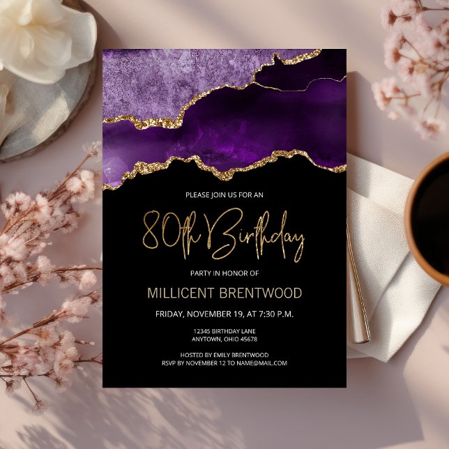 Invitación Elegante Purple Gold Agate 80 cumpleaños (Subido por el creador)