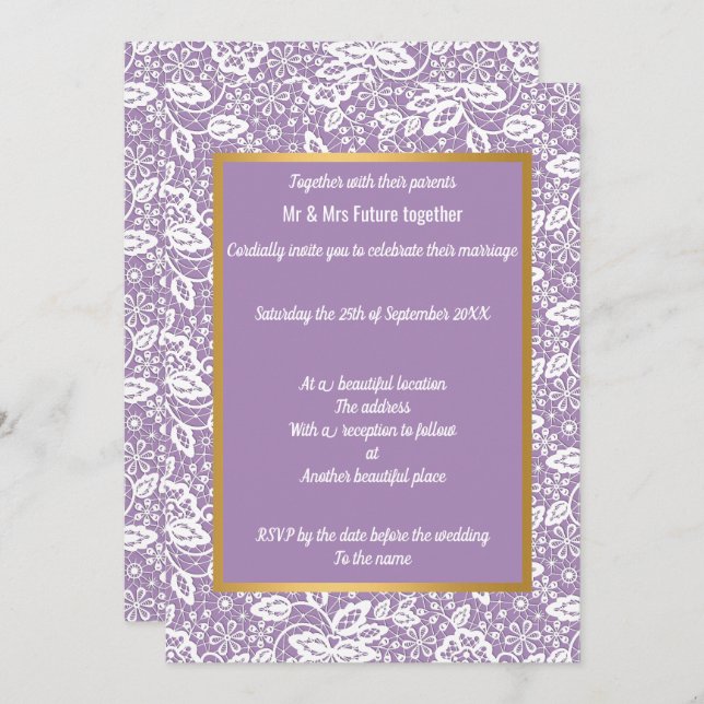 INVITACIÓN ELEGANTE PURPLE GOLD LACE BODA (Anverso / Reverso)