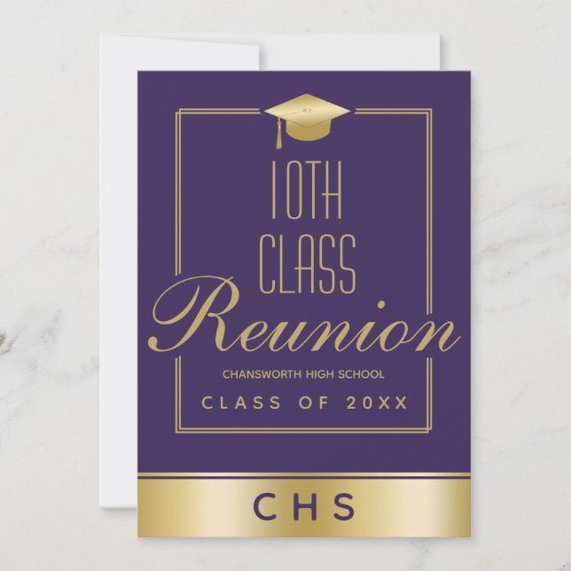 Invitación Elegante Purple Gold Script 10th Class Reunion (Anverso)