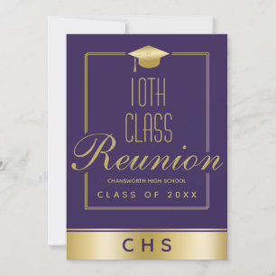 Invitación Elegante Purple Gold Script 10th Class Reunion