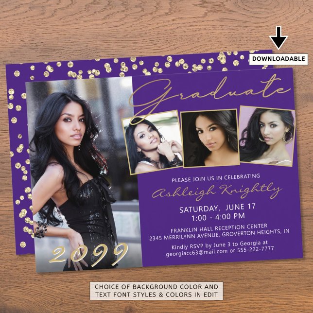 Invitación Elegante Purple Gold Script 4 Photo Graduate (Subido por el creador)