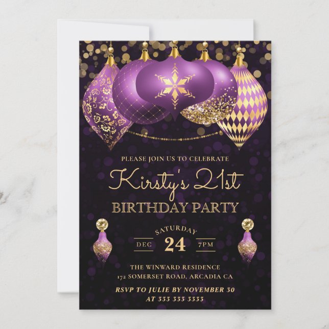 Invitación Elegante Purple & Gold Winter Baubles 21º cumpleañ (Anverso)