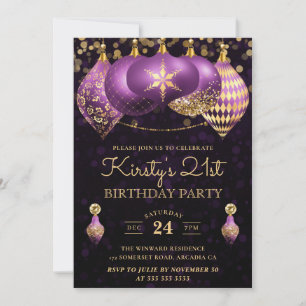 Invitación Elegante Purple & Gold Winter Baubles 21º cumpleañ