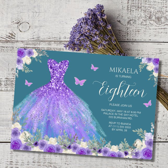 Invitación Elegante Purple Gown Floral 18 cumpleaños (Subido por el creador)