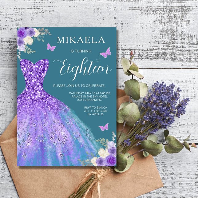 Invitación Elegante Purple Gown Floral 18 cumpleaños (Subido por el creador)
