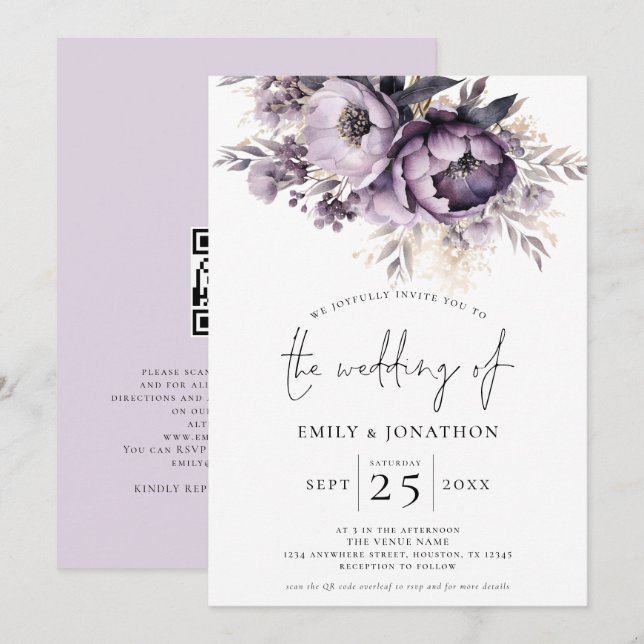 Invitación Elegante Purple Lilac Florals QR Boda de código (Anverso / Reverso)