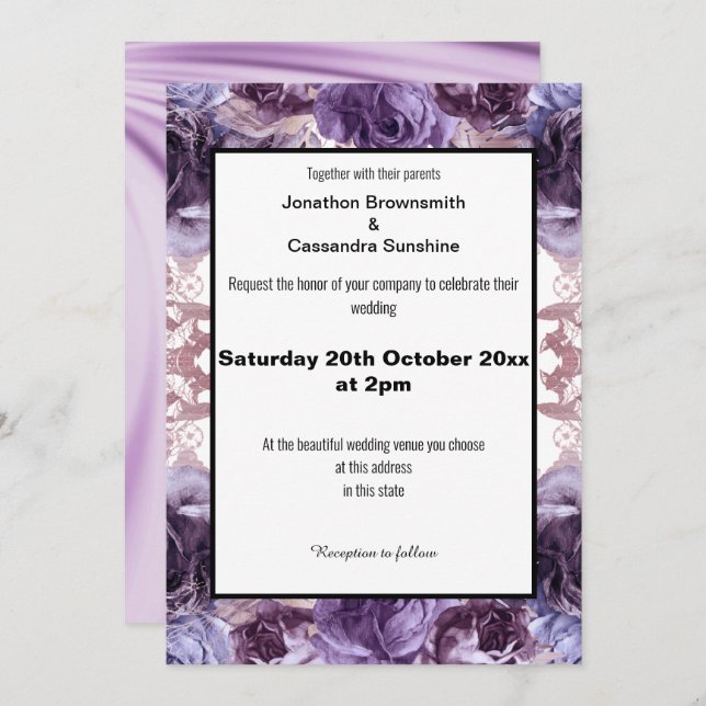 INVITACIÓN ELEGANTE PURPLE LILAC SATIN FLORAL BODA (Anverso / Reverso)