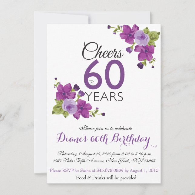 Invitación Elegante Purple Paint Flower Invite a cumplir 60 a (Anverso)