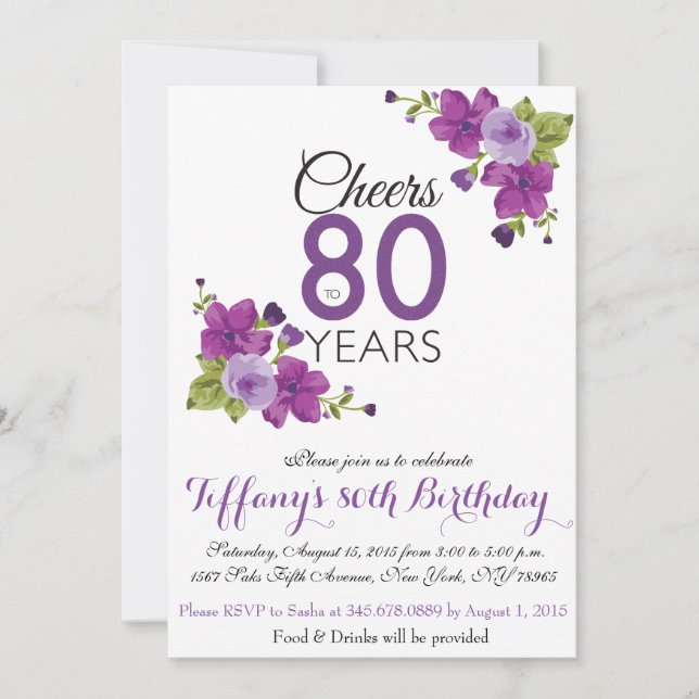 Invitación Elegante Purple Paint Flower Invite a cumplir 80 a (Anverso)