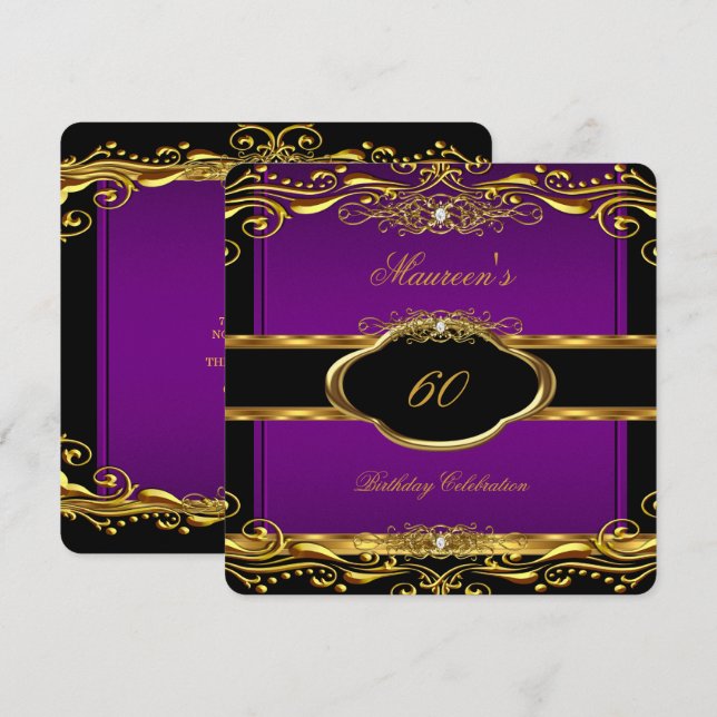 Invitación Elegante Purple Plum Gold Fiesta de Cumpleaños 60  (Anverso / Reverso)
