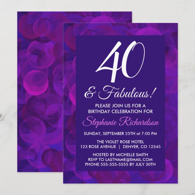 Invitación Elegante púrpura 40 y fabulosa fiesta de cumpleaño (Anverso / Reverso)