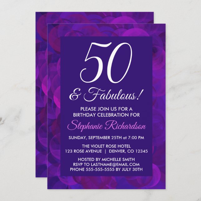 Invitación Elegante púrpura 50 y fabulosa fiesta de cumpleaño (Anverso / Reverso)