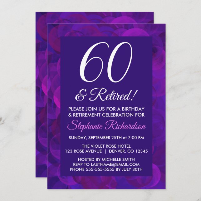 Invitación Elegante Púrpura 60 y Fiesta de Jubilación Retirad (Anverso / Reverso)