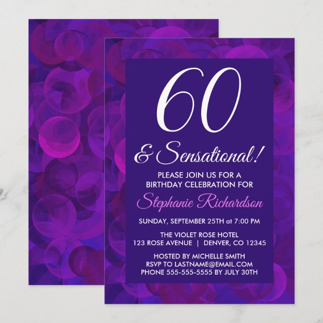 Invitación Elegante púrpura 60 y fiesta sensacional de cumple (Anverso / Reverso)