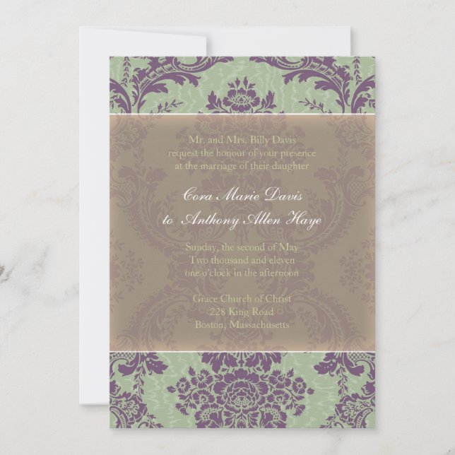 Invitación elegante púrpura de la boda del damasco (Anverso)