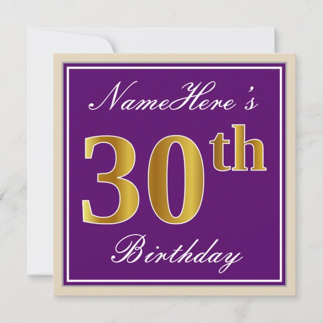Invitación Elegante, púrpura, falso oro 30 cumpleaños + nombr (Anverso)