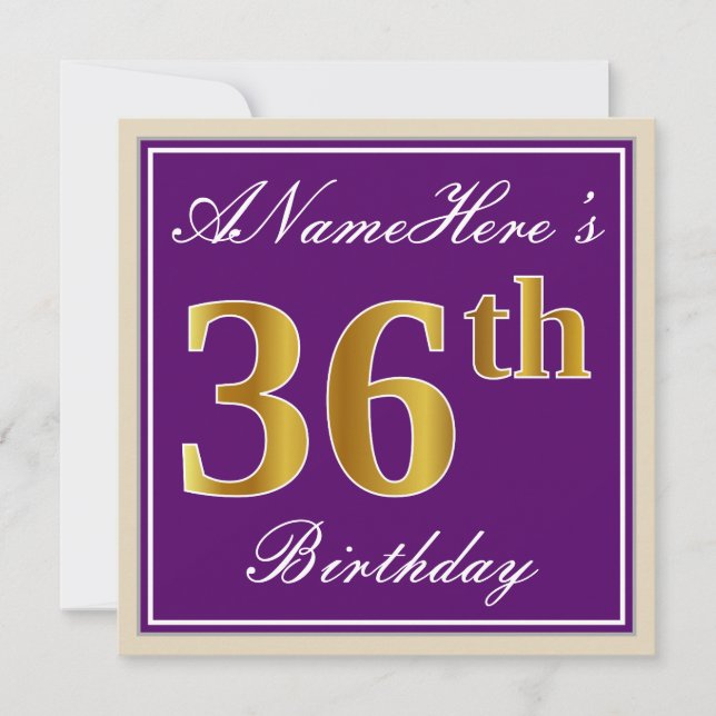 Invitación Elegante, púrpura, falso oro 36 cumpleaños + nombr (Anverso)