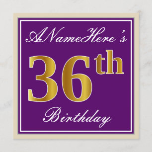 Invitación Elegante, púrpura, falso oro 36 cumpleaños + nombr