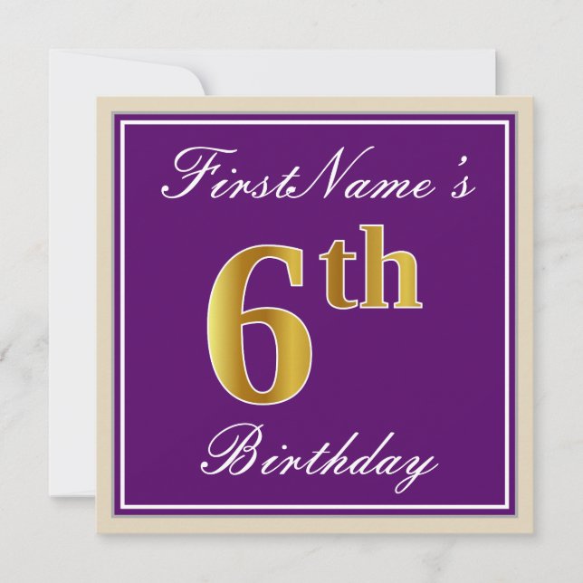 Invitación Elegante, púrpura, falso oro 6º cumpleaños + nombr (Anverso)