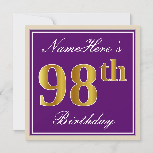 Invitación Elegante, púrpura, falso oro 98º cumpleaños + nomb (Anverso)