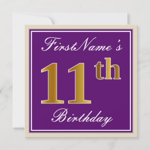 Invitación Elegante, púrpura, Faux Gold 11 cumpleaños + nombr