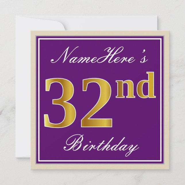 Invitación Elegante, púrpura, Faux Gold 32 cumpleaños + nombr (Anverso)