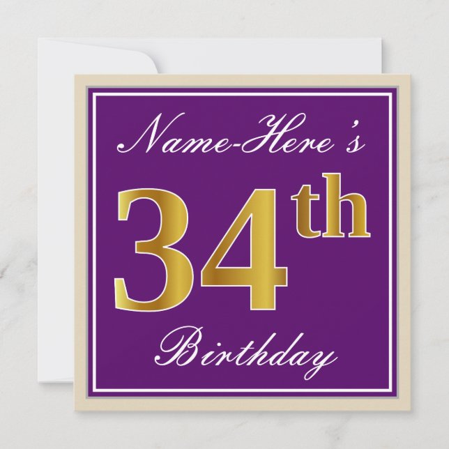Invitación Elegante, púrpura, Faux Gold 34 cumpleaños + nombr (Anverso)