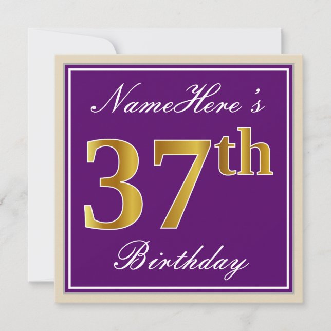 Invitación Elegante, púrpura, Faux Gold 37 cumpleaños + nombr (Anverso)