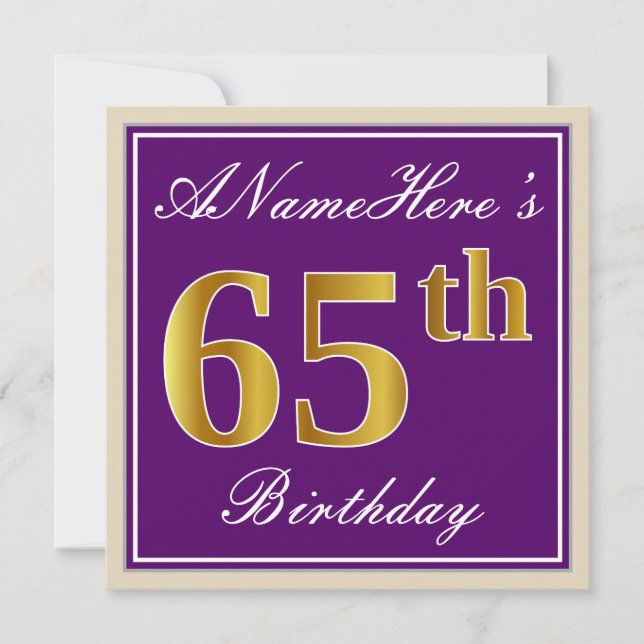Invitación Elegante, púrpura, Faux Gold 65 cumpleaños + nombr (Anverso)