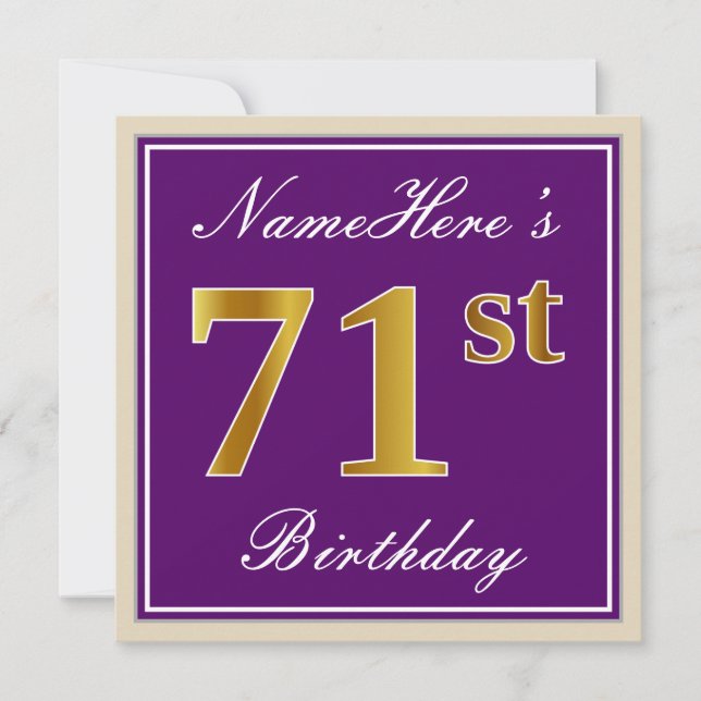 Invitación Elegante, Púrpura, Faux Gold 71 cumpleaños + nombr (Anverso)