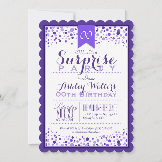 Invitación Elegante púrpura, fiesta de cumpleaños sorpresa bl (Anverso)