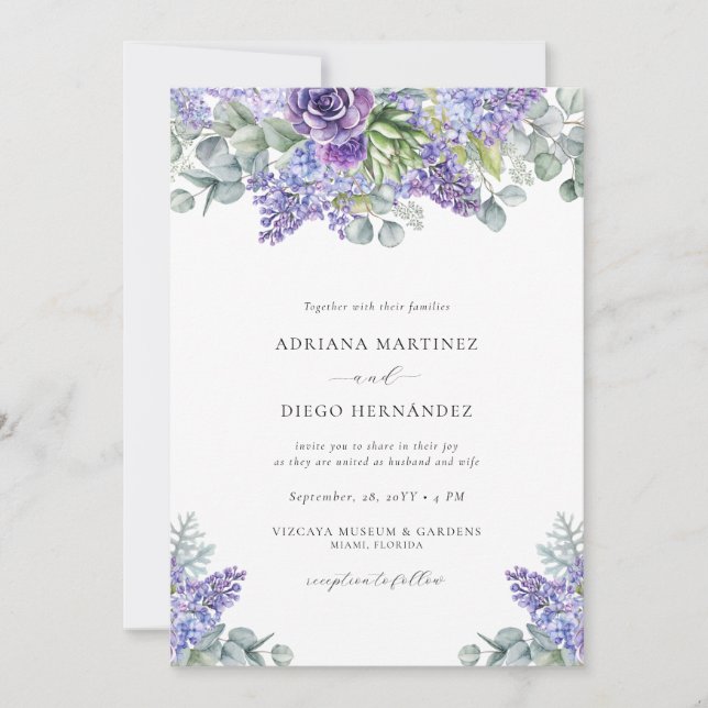 Invitación Elegante Púrpura Floral Boda todo en uno RSVP (Anverso)