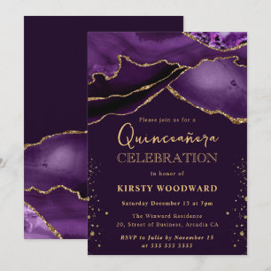 Invitación Elegante púrpura y dorado brillo Agate Quinceañera