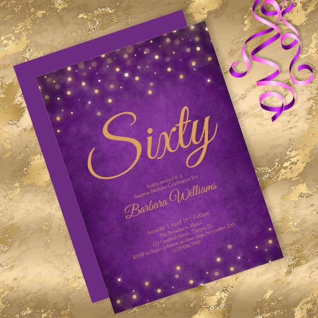 Invitación Elegante púrpura y oro 60 cumpleaños (Subido por el creador)