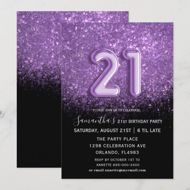 Invitación Elegante Purpurina 21 de cumpleaños negro morado (Anverso / Reverso)