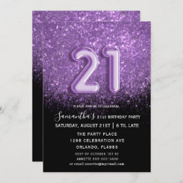 Invitación Elegante Purpurina 21 de cumpleaños negro morado