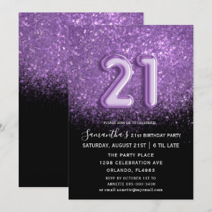 Invitación Elegante Purpurina 21 de cumpleaños negro morado